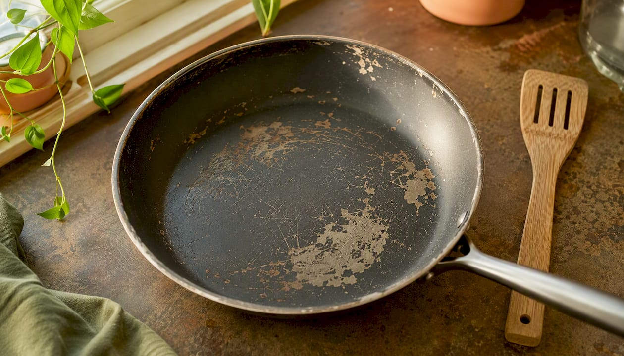 Worn, scratched nonstick pan on stovetop beside wooden spatula, example of cookware to retire for non-toxic kitchen