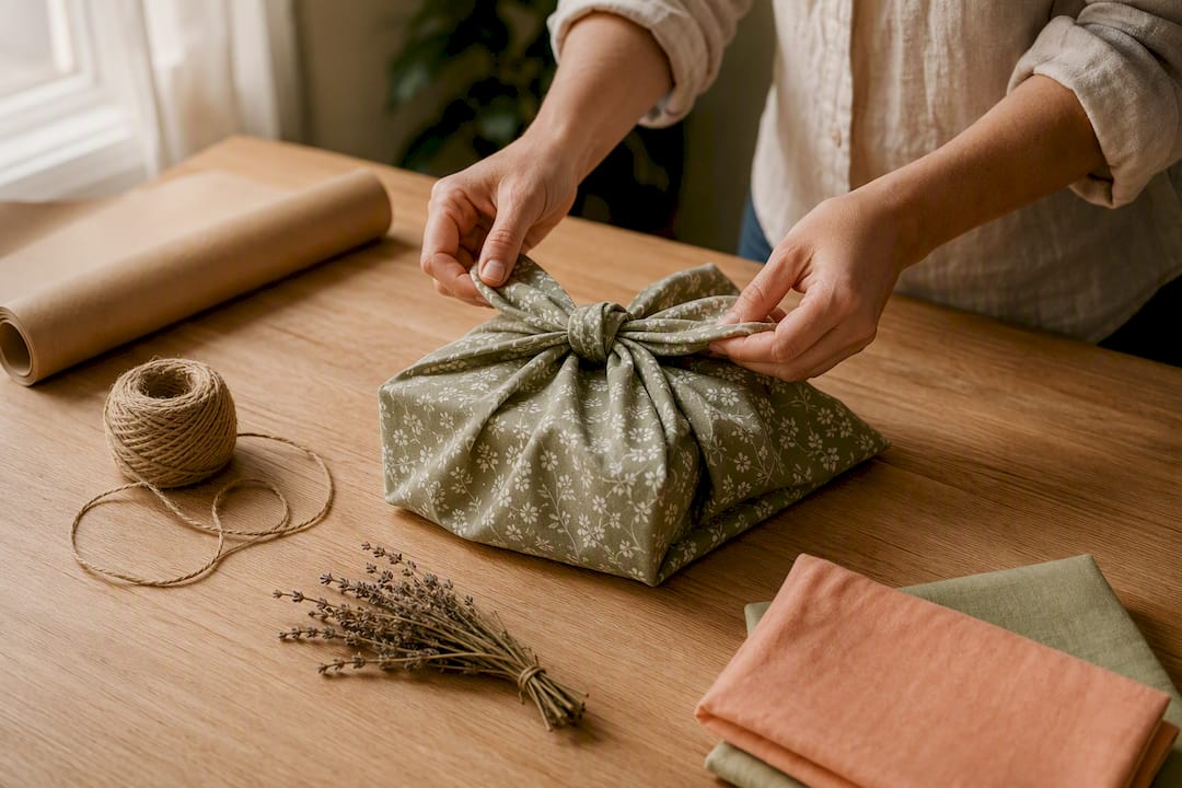 Hands folding reusable fabric gift wrap